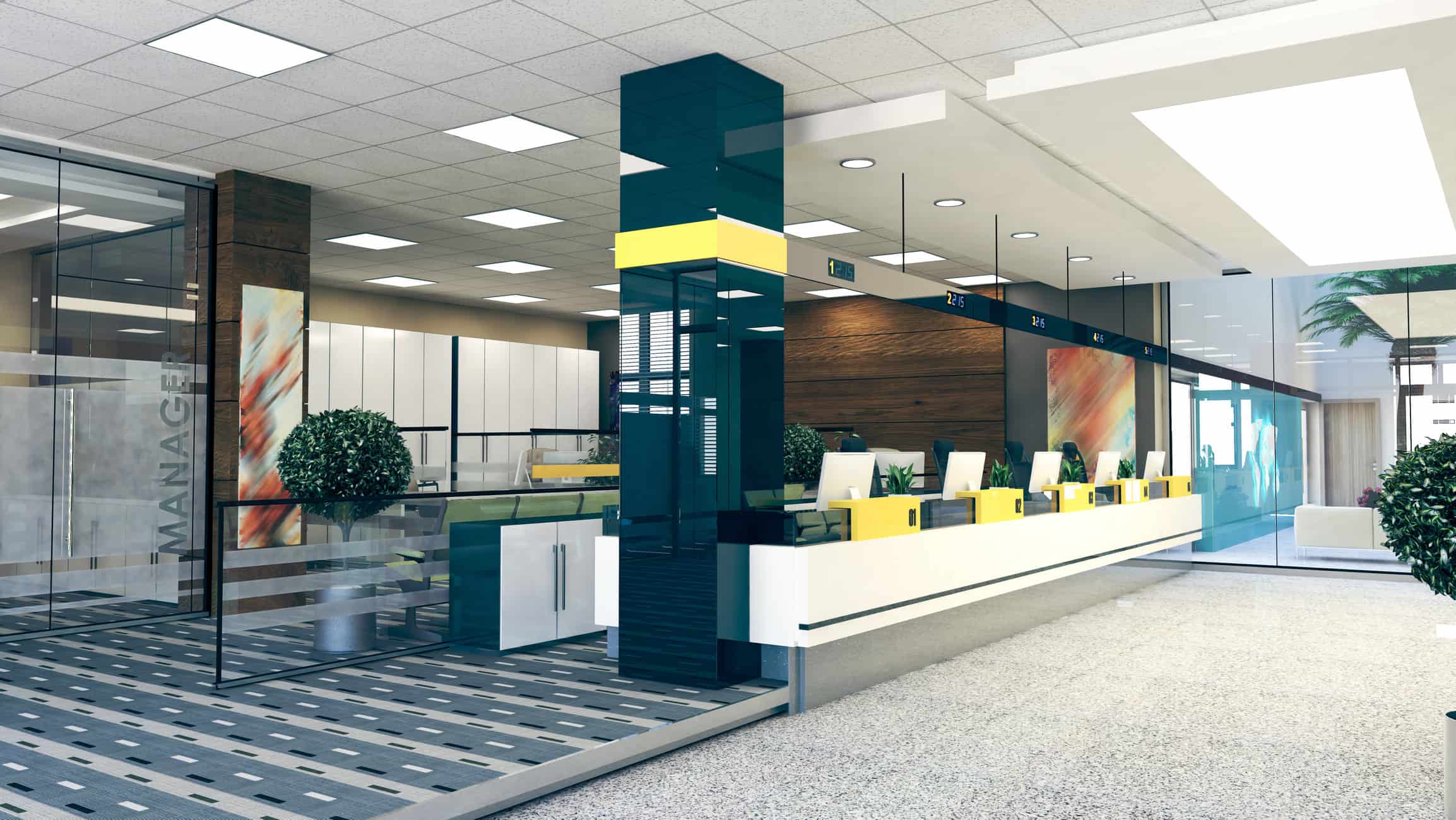 Commercial Office Interior Design Interior commercial space with teal-painted accent column, white reception desk, yellow seating, and patterned carpet