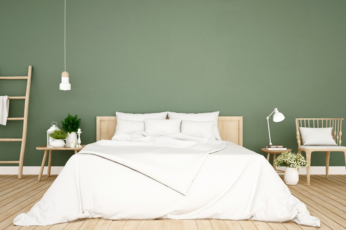 bedroom and living area green tone in Apartment or hotel – Interior Design – 3D Rendering