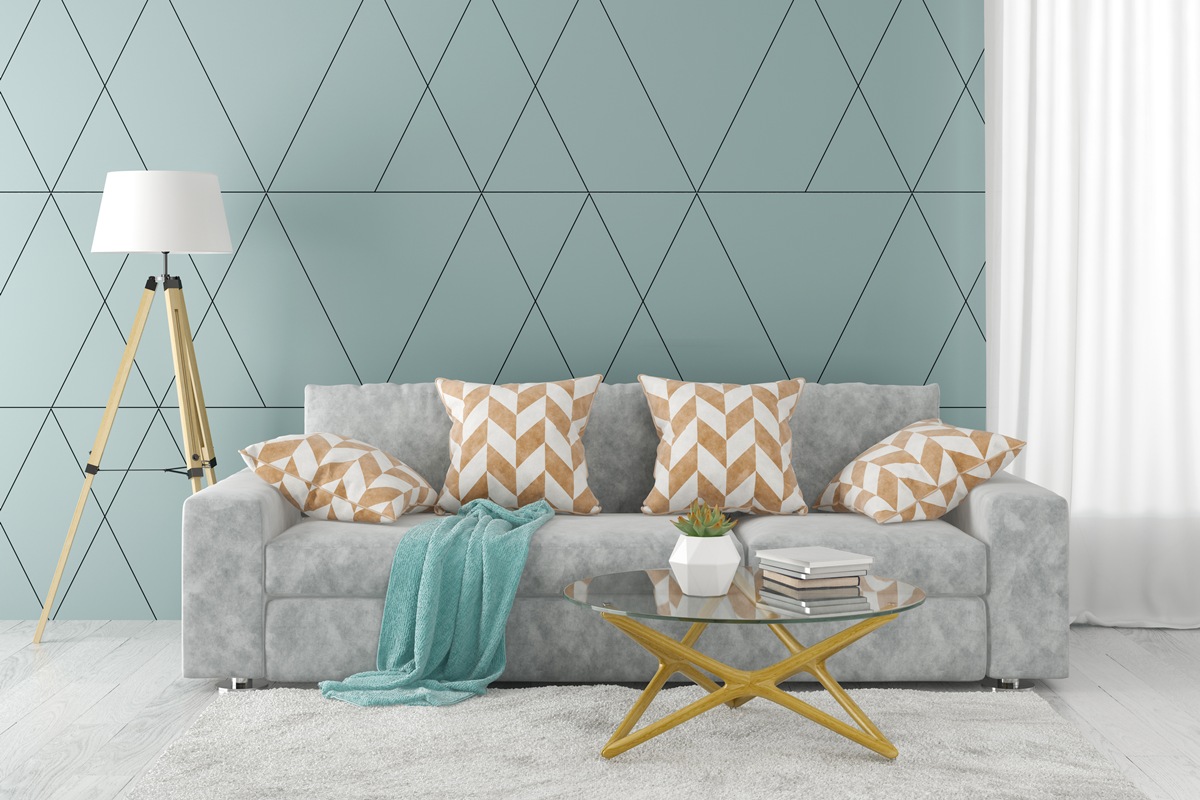 Interior of modern living room with sofa and furniture 3D rendering